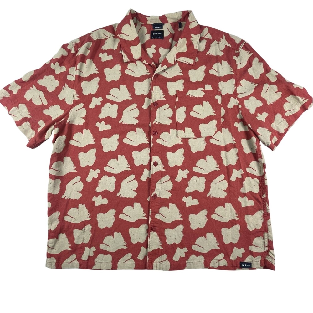 prAna Button Down Mens Medium Red Abstract Print Relaxed Fit Tencel Hemp Shirt